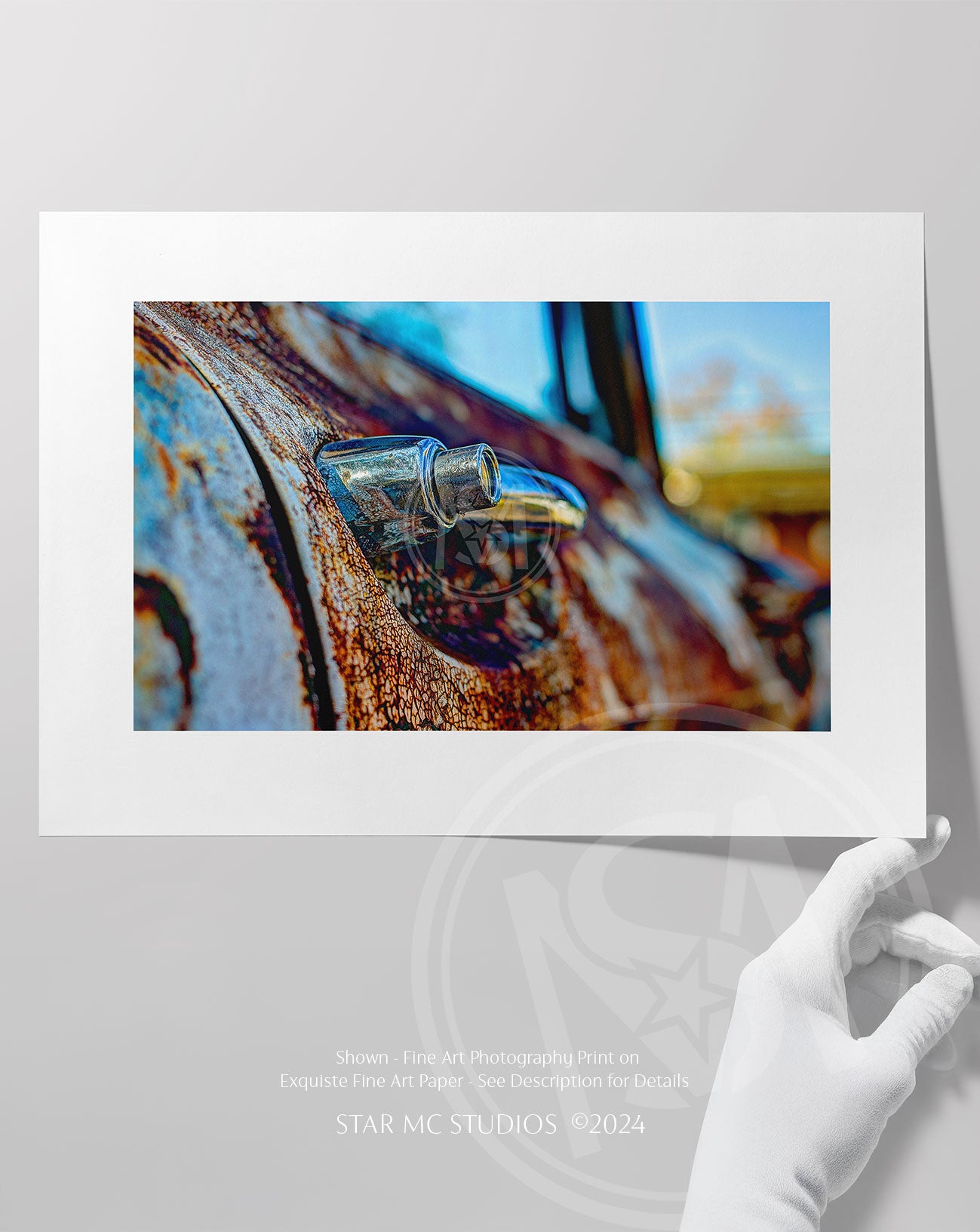 Close-up of a patina-covered vintage GMC truck door, captured in limited edition fine art photography—textured, moody wall art printed on ChromaLuxe metal or Museum Quality Fine Art Paper.