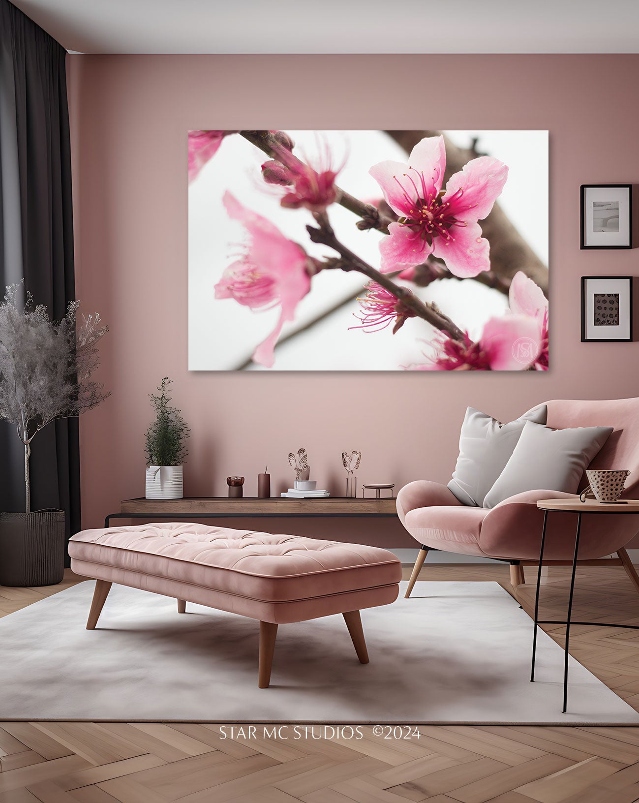 Delicate pink Georgia peach blossom emerging through morning fog, captured in limited edition Southern fine art photography—botanical wall art for collectors.