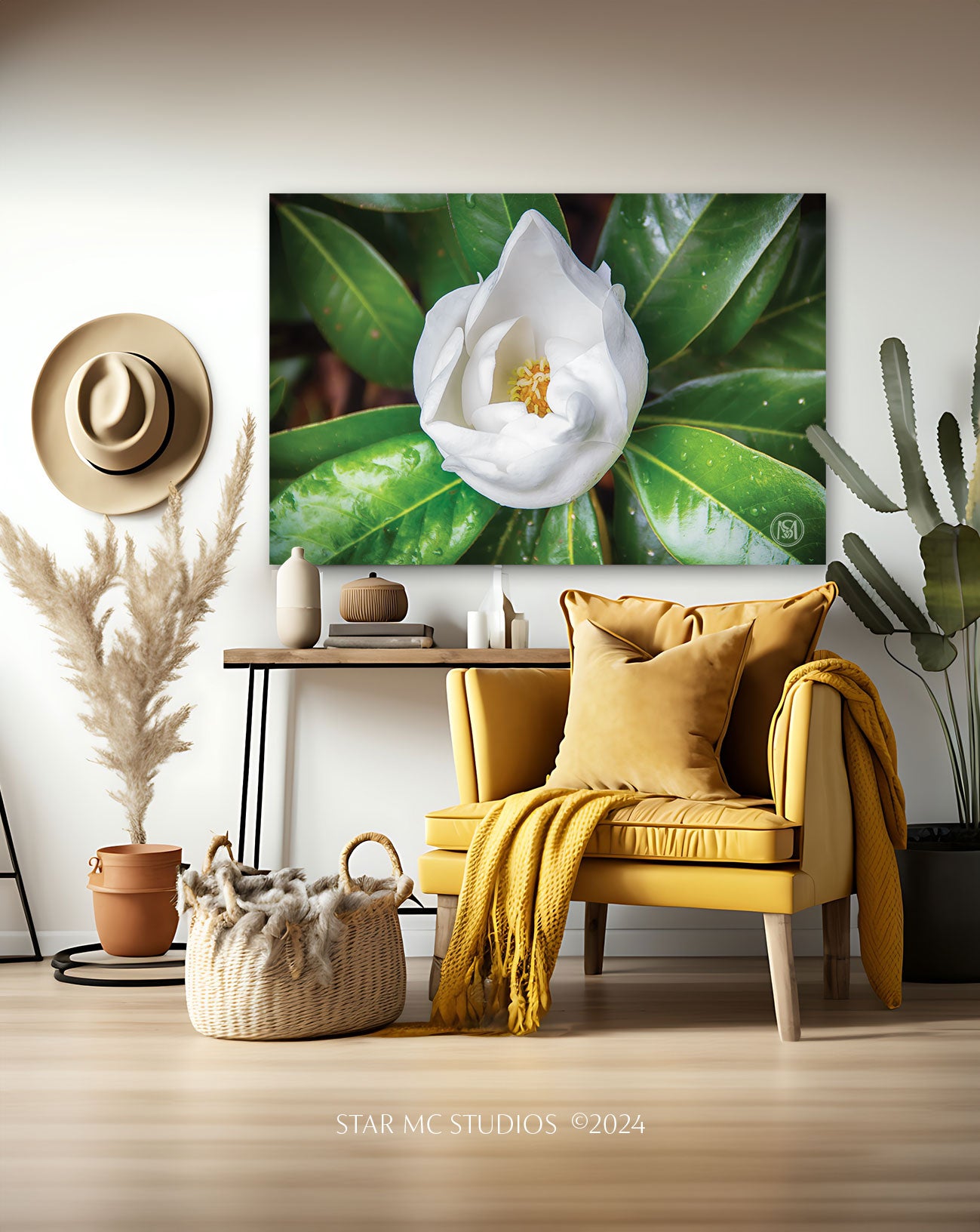 Southern magnolia bloom in soft morning light, captured in limited edition fine art photography—elegant floral wall art printed on ChromaLuxe metal or Museum Quality Fine Art Paper.