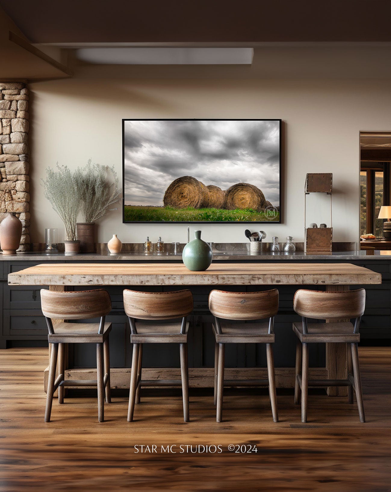 Neatly stacked hay bundles in a quiet  pasture beneath soft gray storm clouds, captured in limited edition Southern fine art photography.