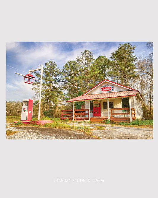 Vintage Southern country store with rustic wood siding and antique vending machine, captured in limited edition nostalgic fine art photography for collectors.