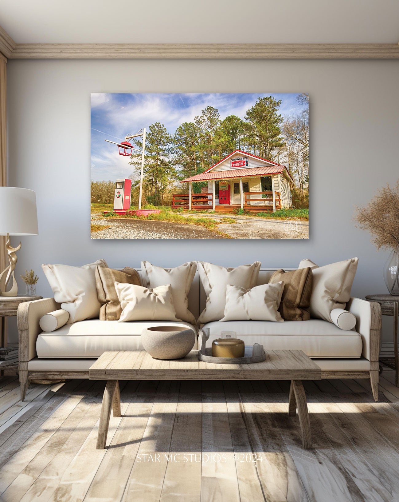 Vintage Southern country store with rustic wood siding and antique vending machine, captured in limited edition nostalgic fine art photography for collectors.