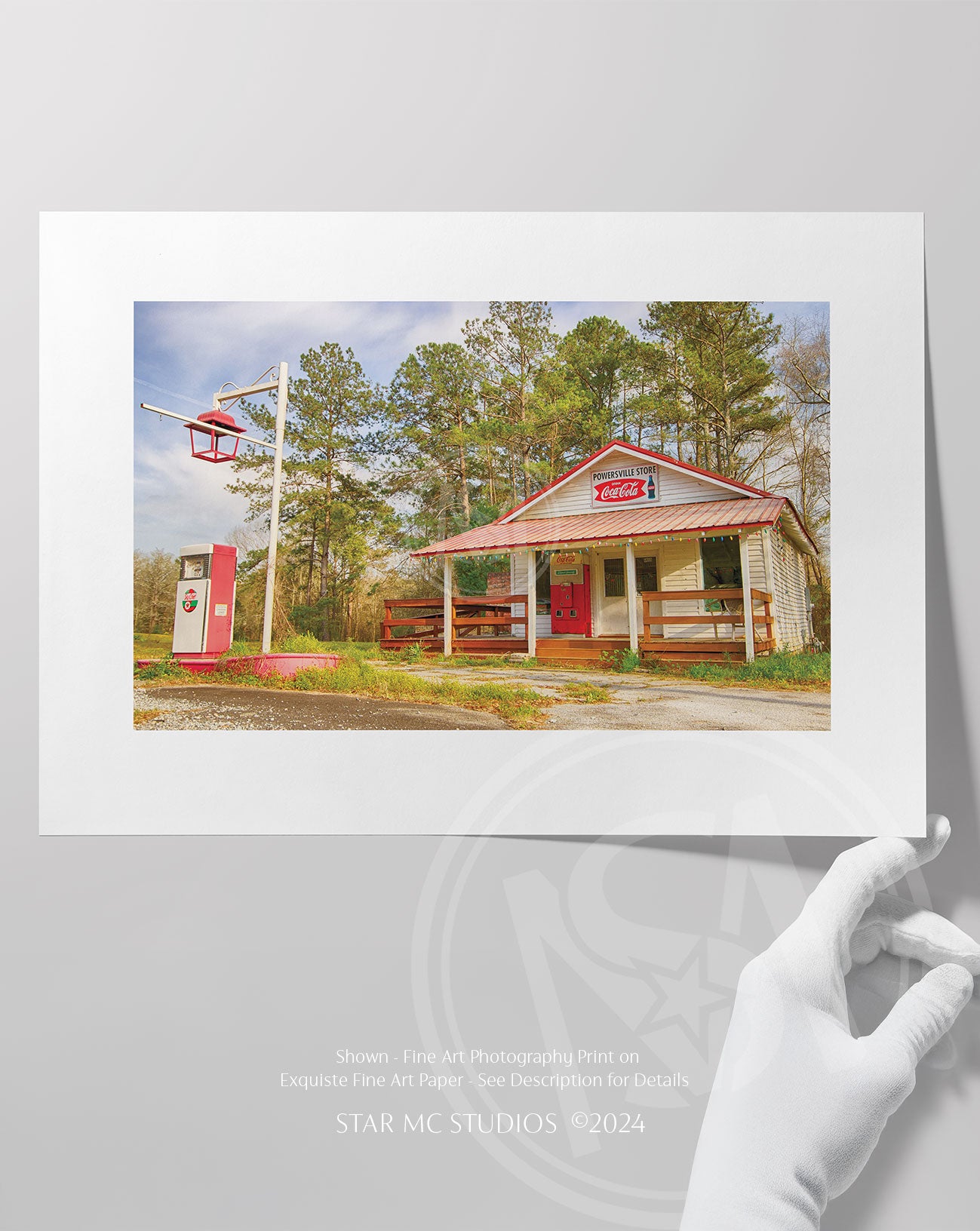 Vintage Southern country store with rustic wood siding and antique vending machine, captured in limited edition nostalgic fine art photography for collectors.