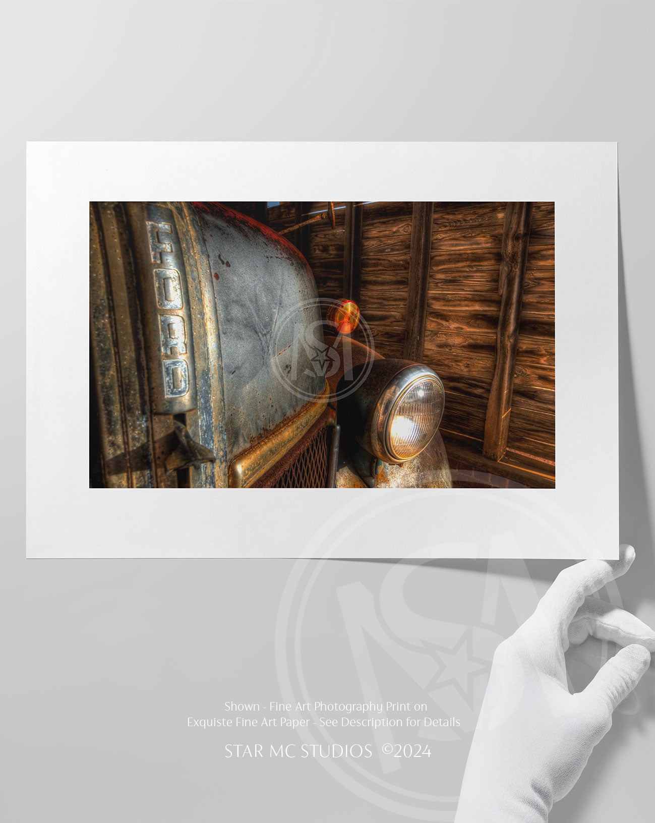 Close-up of a vintage 1941 Ford F-100 truck illuminated by golden twilight, captured in limited edition fine art photography—rustic Southern wall art for collectors.