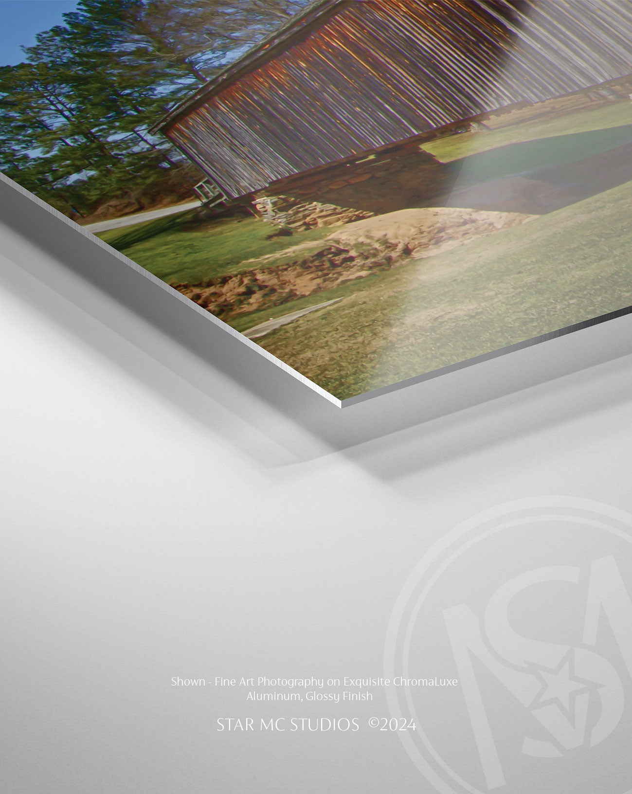 Historic Auchumpkee Creek covered bridge spanning a serene wooded creek, captured in limited edition Southern fine art photography for art collectors.