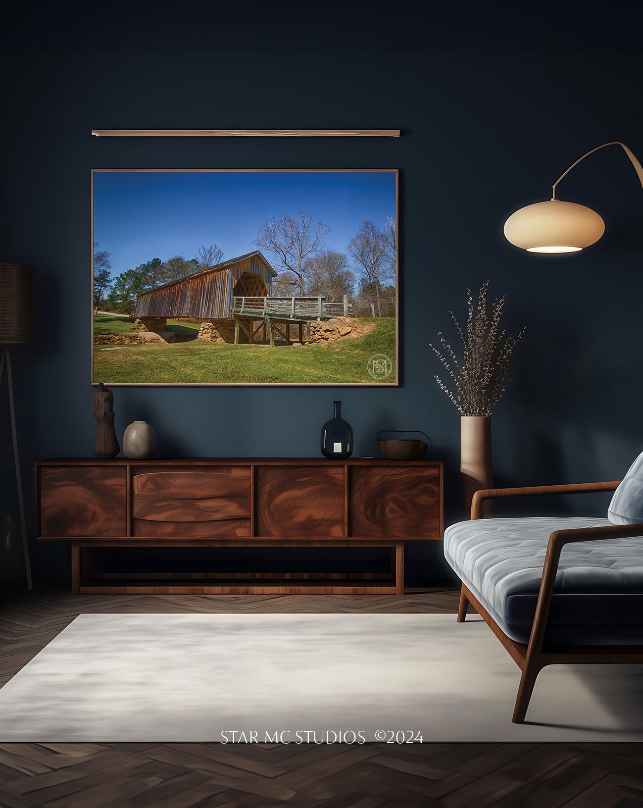 Historic Auchumpkee Creek covered bridge spanning a serene wooded creek, captured in limited edition Southern fine art photography for art collectors.