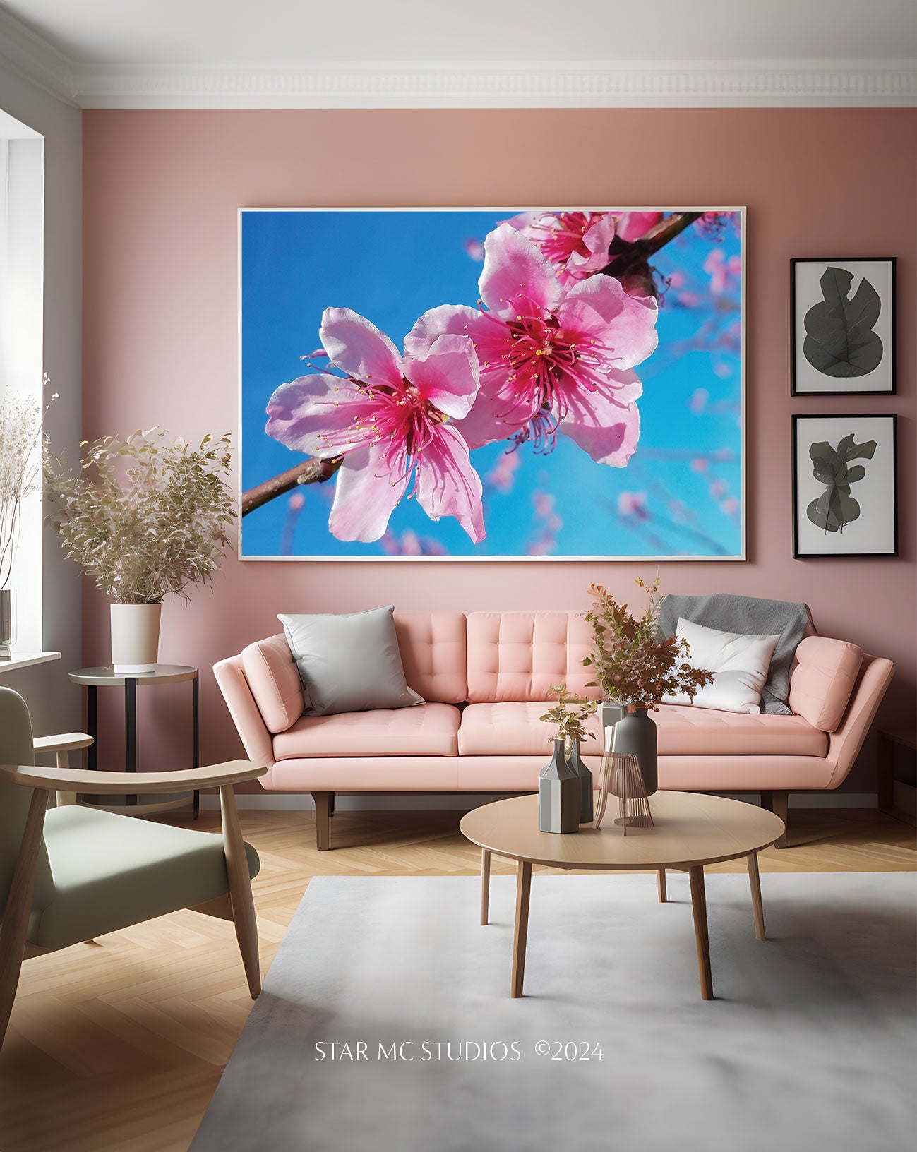 Vibrant pink Georgia peach blossoms set against a clear blue sky, captured in limited edition Southern fine art photography—botanical wall art for collectors.