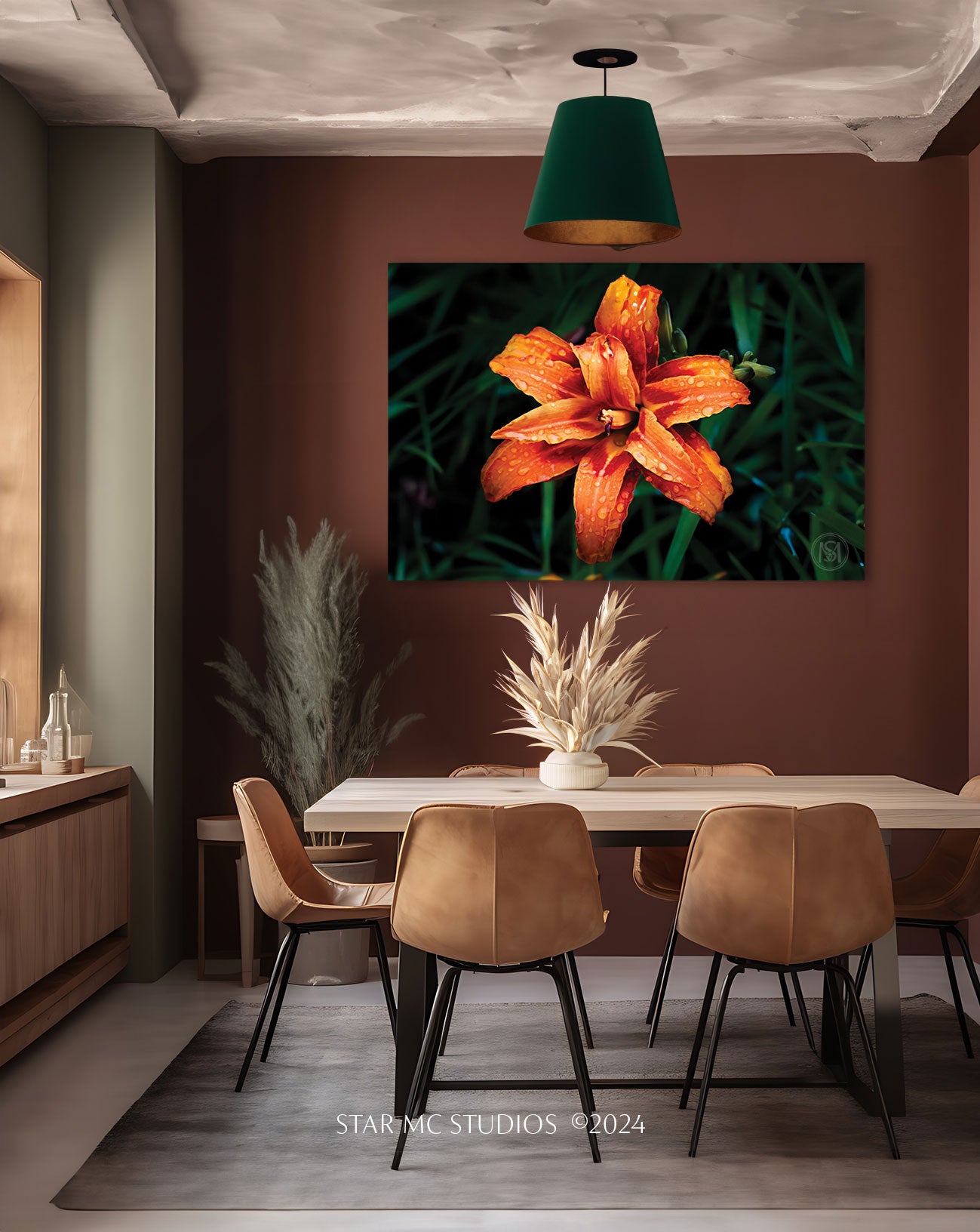 Bright orange daylily in full bloom with dewdrops, captured in limited edition fine art photography—botanical wall art for collectors.