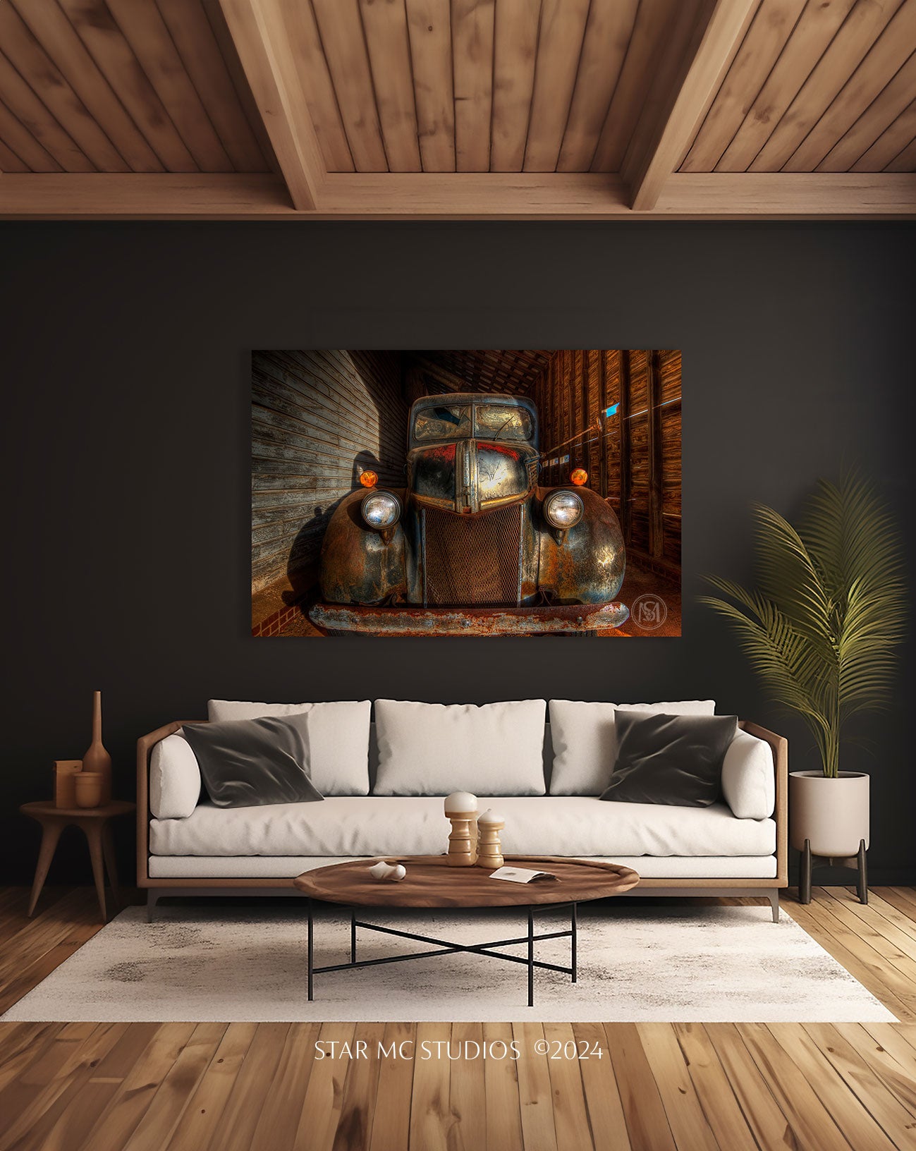 Vintage 1941 Ford F-100 truck illuminated by golden twilight inside an old corn shed, captured in limited edition Southern fine art photography.