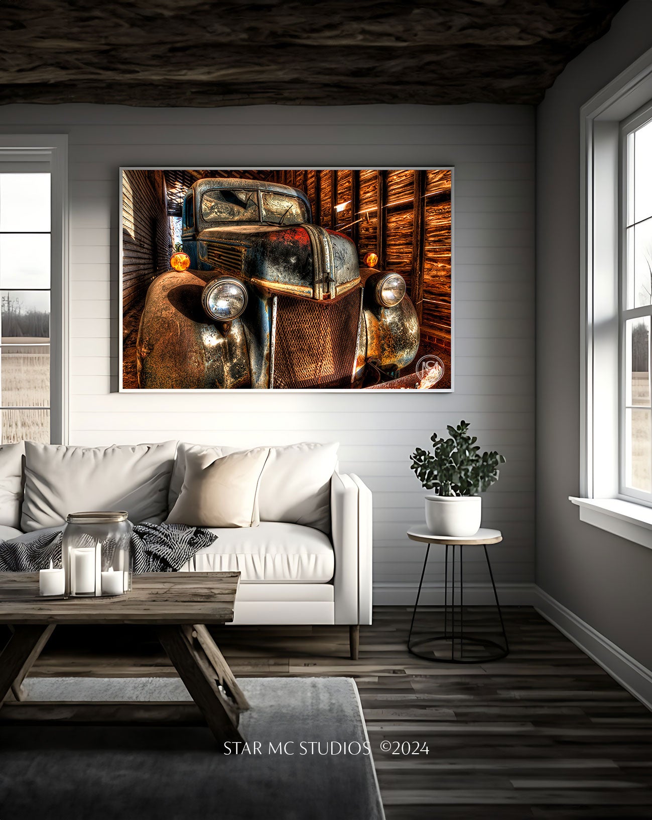 Close-up of a weathered 1941 Ford F-100 truck at dusk inside a corn shed, captured in limited edition Southern fine art photography—nostalgic and reflective.