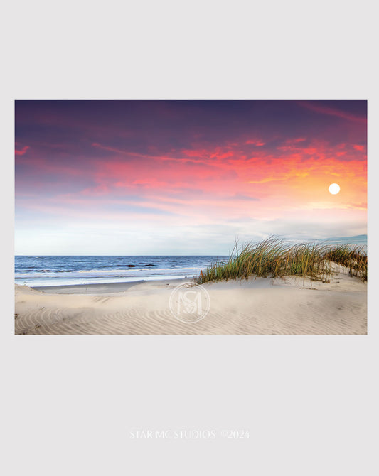 Peaceful Jekyll Island beach at dawn with sand dunes and pastel skies, captured in limited edition fine art photography—coastal wall art for collectors.