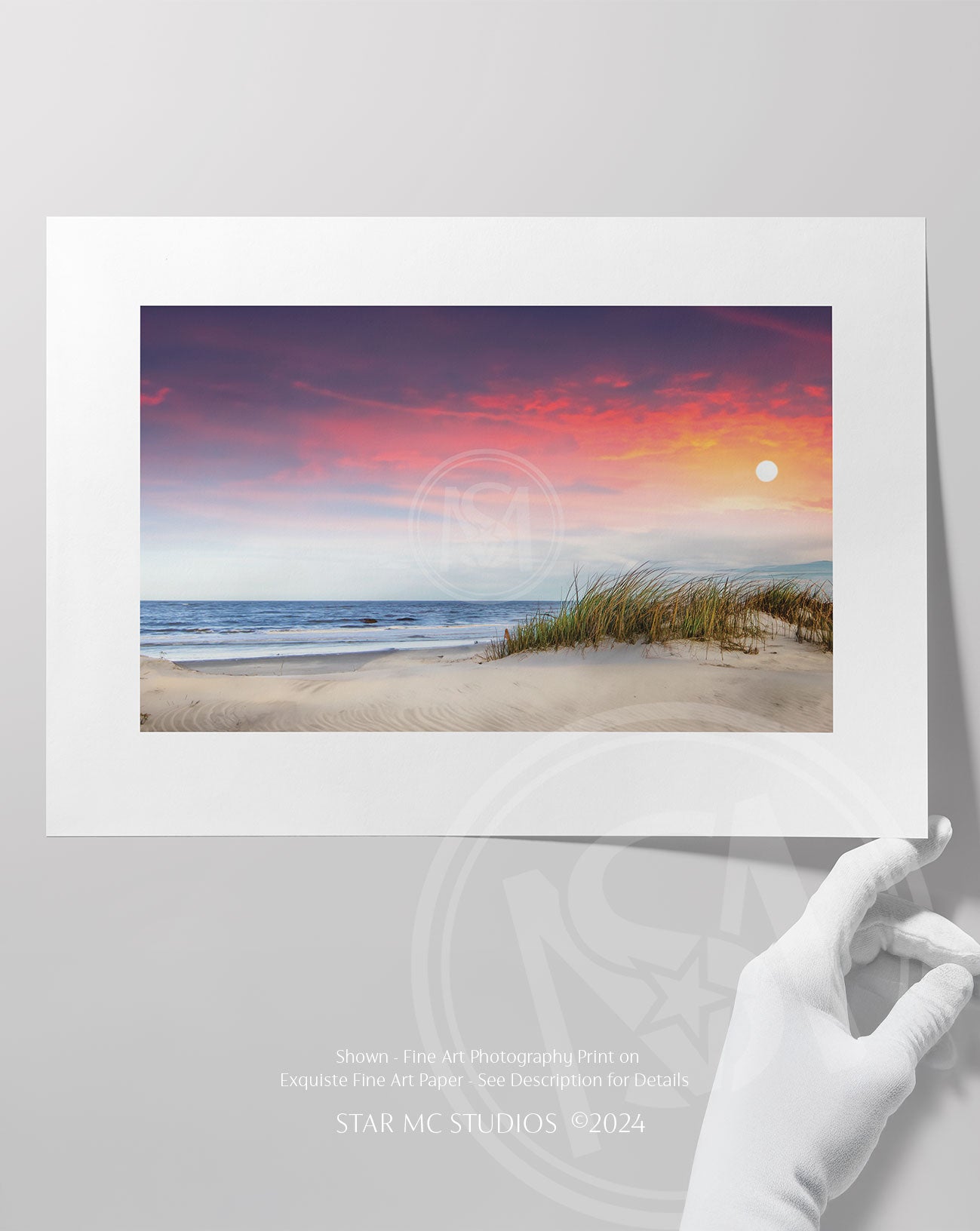 Peaceful Jekyll Island beach at dawn with sand dunes and pastel skies, captured in limited edition fine art photography—coastal wall art for collectors.