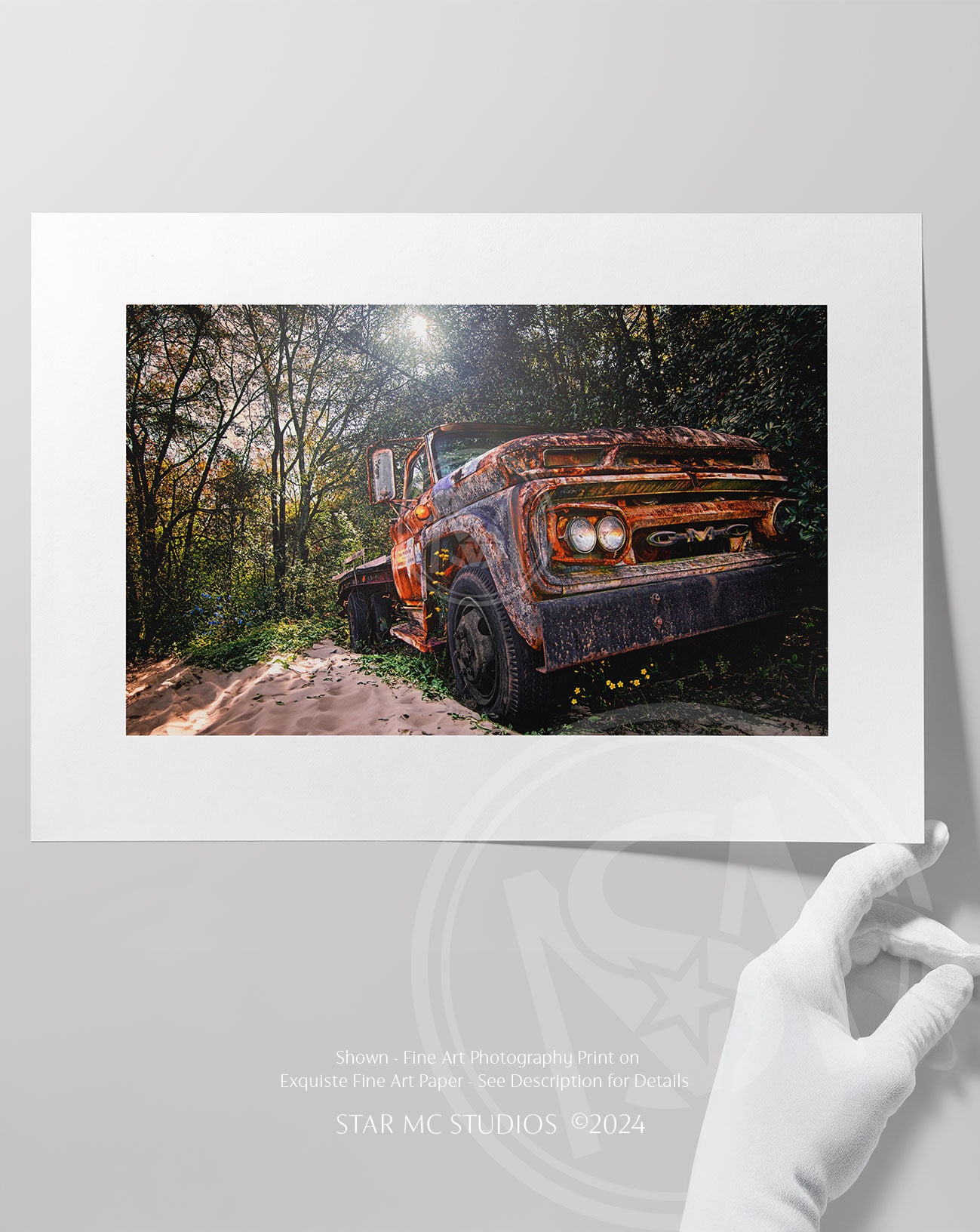 Abandoned GMC truck surrounded by coastal sands and weathered by time, captured in limited edition Southern fine art photography—moody and reflective.