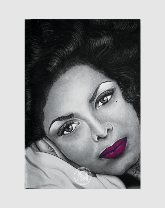 Original Mixed media fine art charcoal portraiture of JANET JACKSON by Star Mc Studios local Atlanta area photographer and artist, Starlyss McSlade.